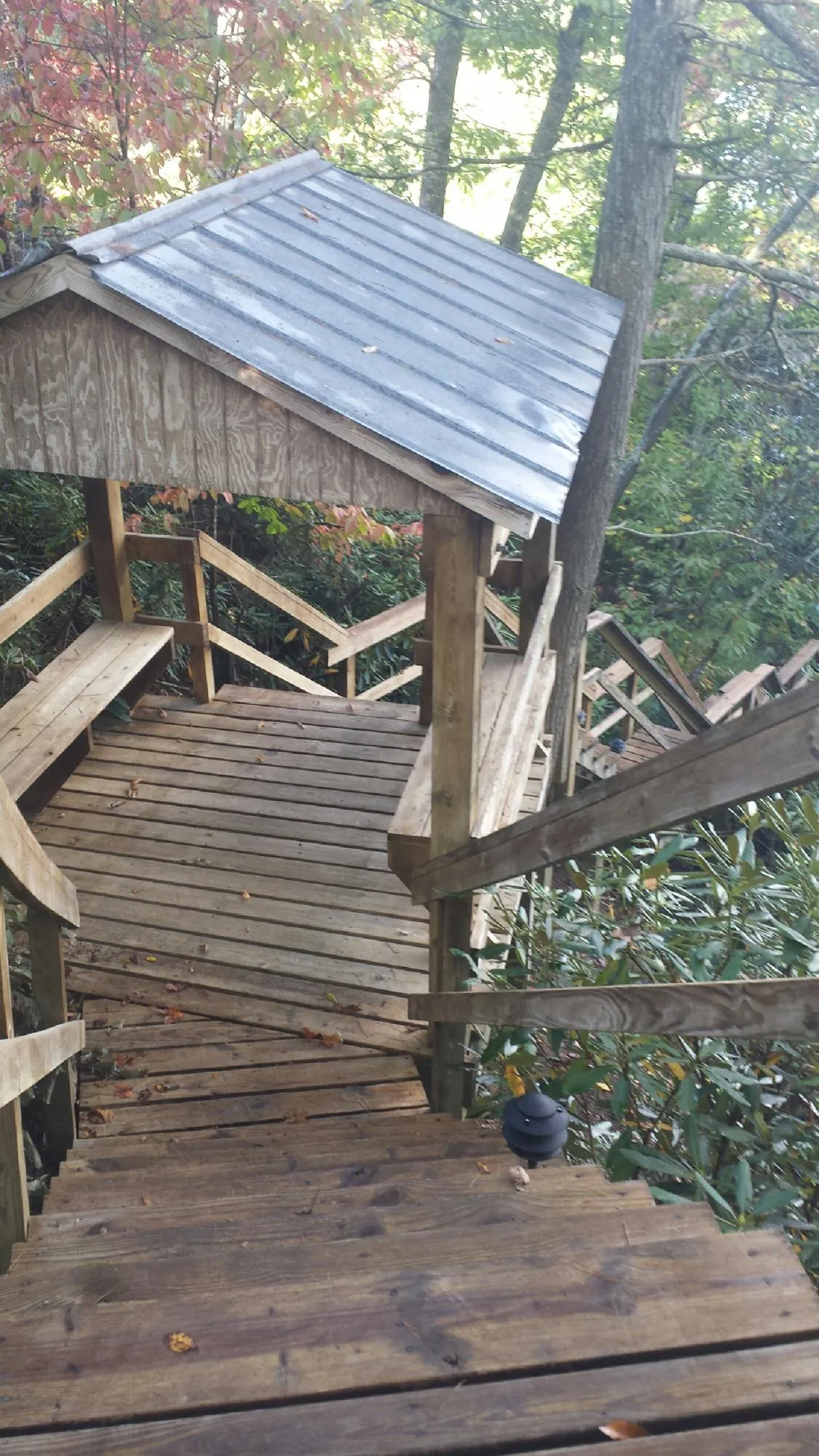 Metal roofed shelter over wooden steps on a wooded walkway — Skylight Repair & Installation work by our crew in Trimble
